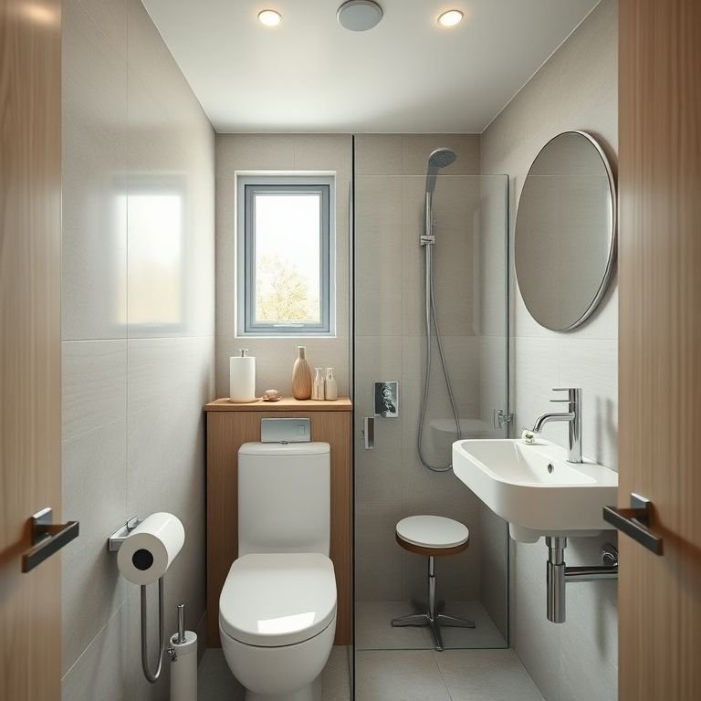 Acessórios compactos e multifuncionais em banheiro pequeno.