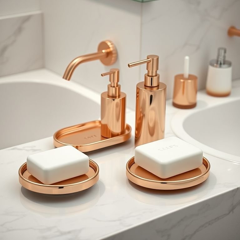 Acessórios de banho da Loja Y com acabamento em rose gold.