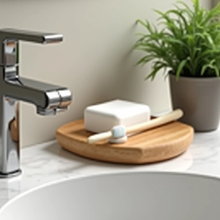 Acessórios de madeira para pia, como porta-sabonete e escova de dentes.