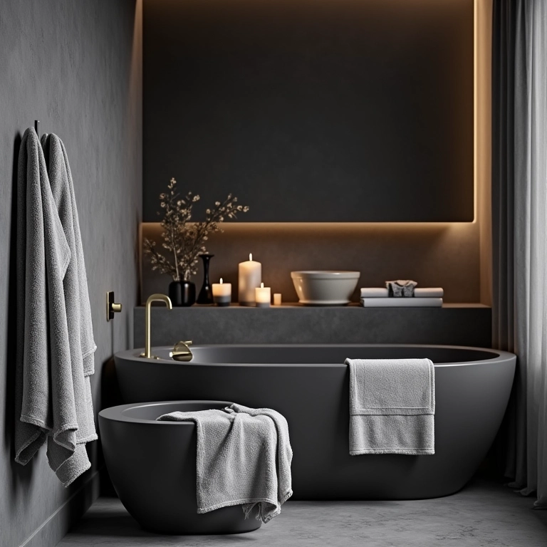 Acessórios decorativos complementando um banheiro cinza e preto, com velas, toalhas e detalhes minimalistas.