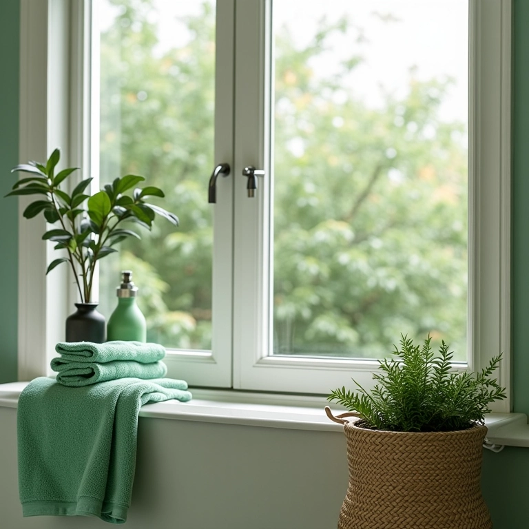 Acessórios decorativos em banheiro verde e branco.