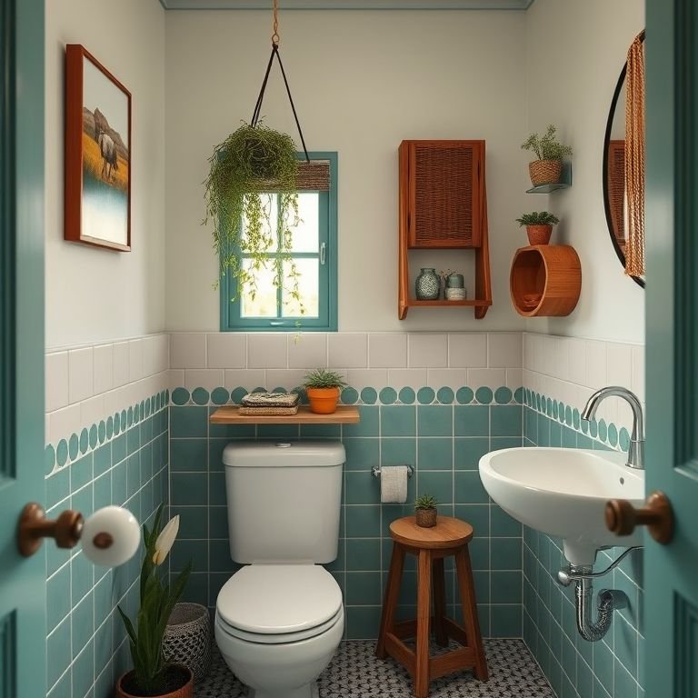 Acessórios decorativos em um banheiro pequeno.