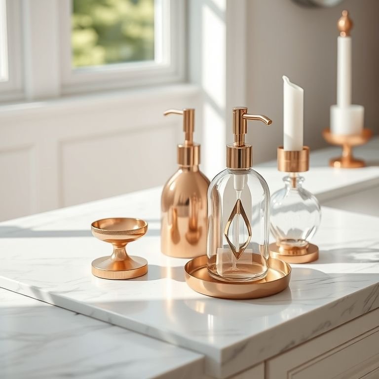 Acessórios decorativos rose gold em bancada de mármore.