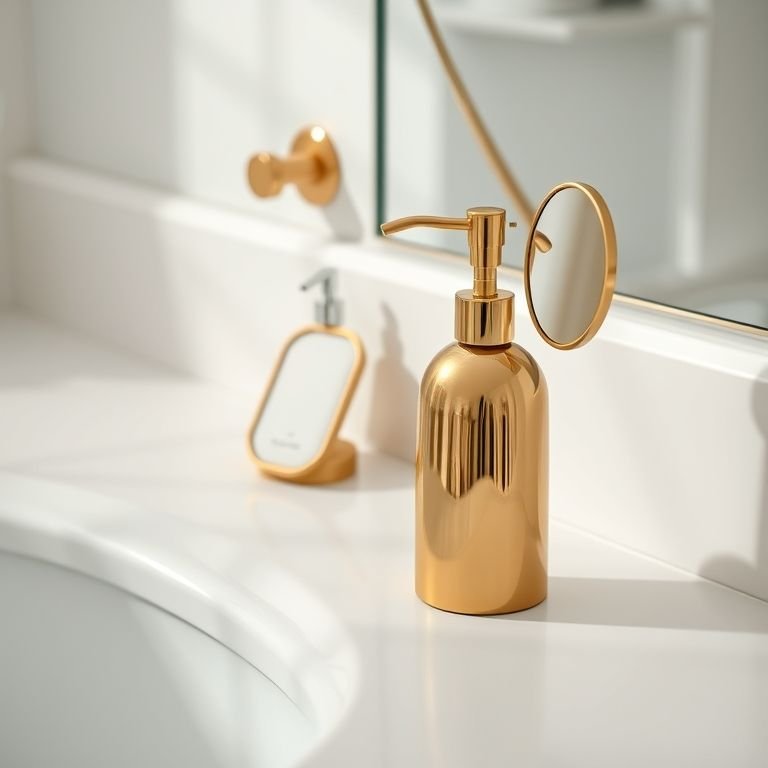 Acessórios dourados que complementam o banheiro branco e dourado.