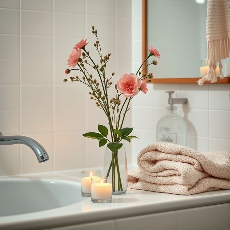 Acessórios e decoração em um banheiro cinza e branco com toque de cor.