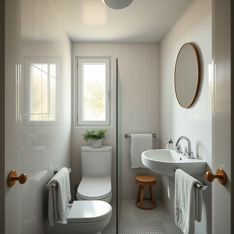 Acessórios e toalhas combinando em um banheiro pequeno.