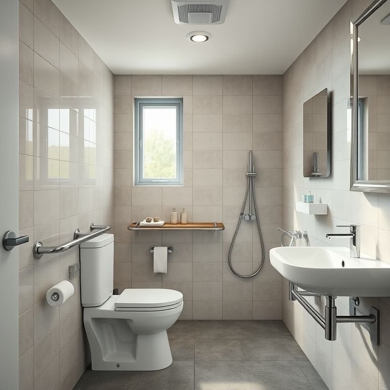 Acessórios na altura adequada em banheiro acessível, mostrando facilidade de uso.