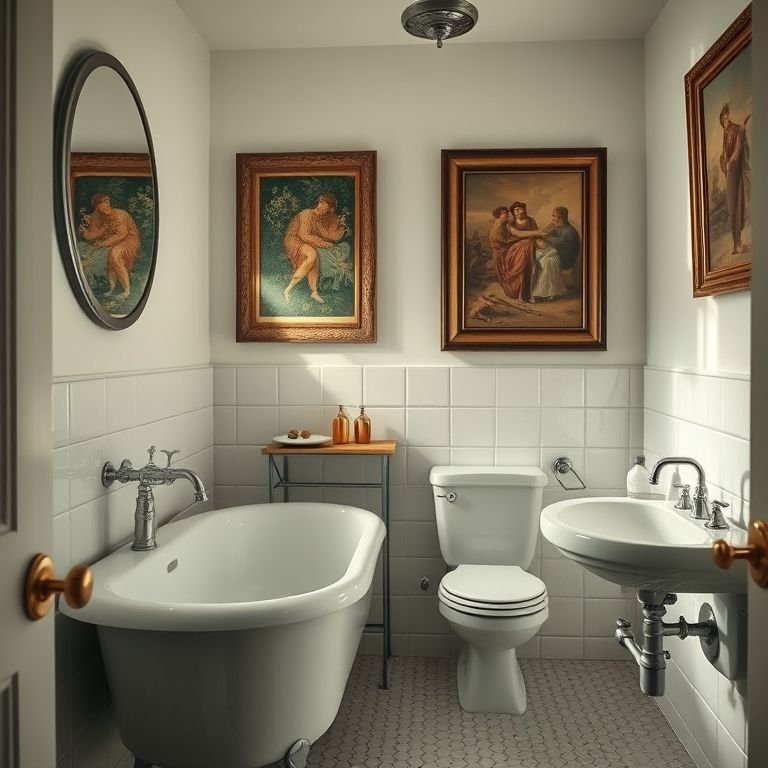 Acessórios vintage em um banheiro com decoração retrô.