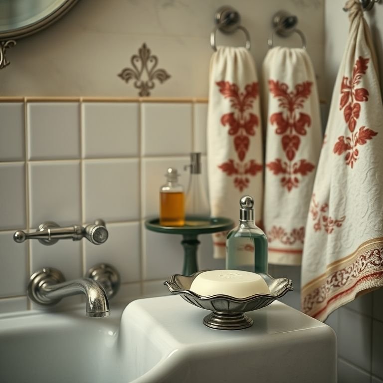 Acessórios vintage no banheiro.