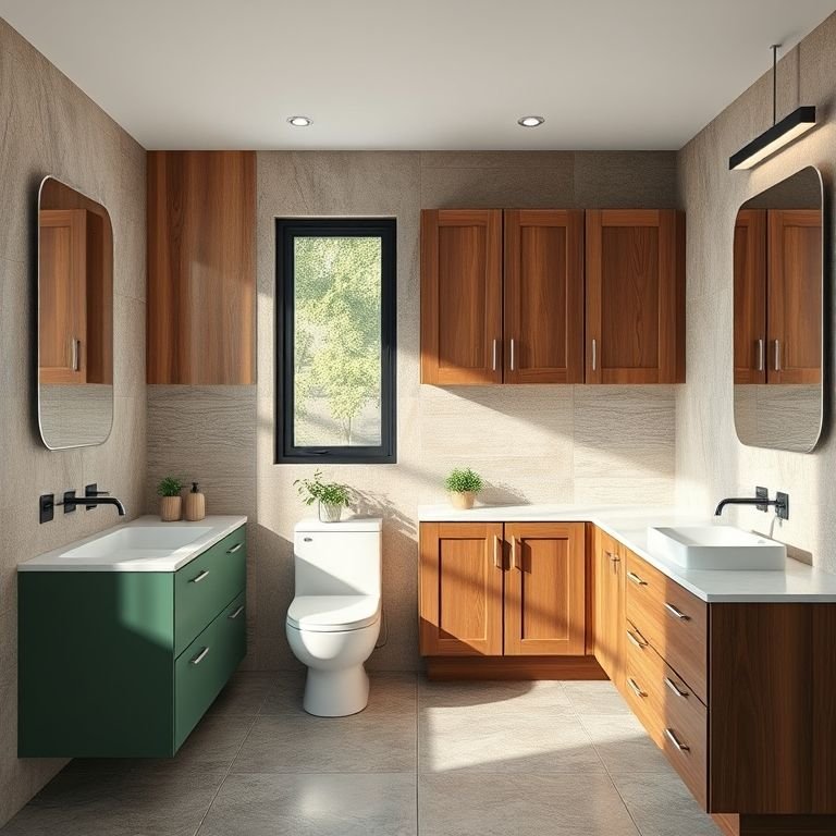 Amostras de materiais para armários de banheiro, incluindo madeira e pedra.