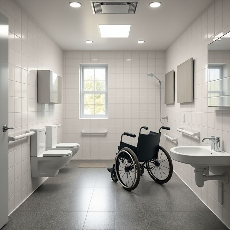 Amplo espaço de manobra para cadeira de rodas em banheiro adaptado.