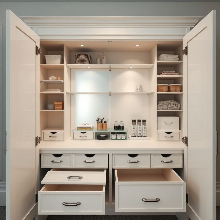 Armário de banheiro com organização interna: prateleiras e gavetas.