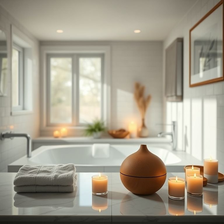 Aromaterapia em banheiro com banheira e chuveiro separados.