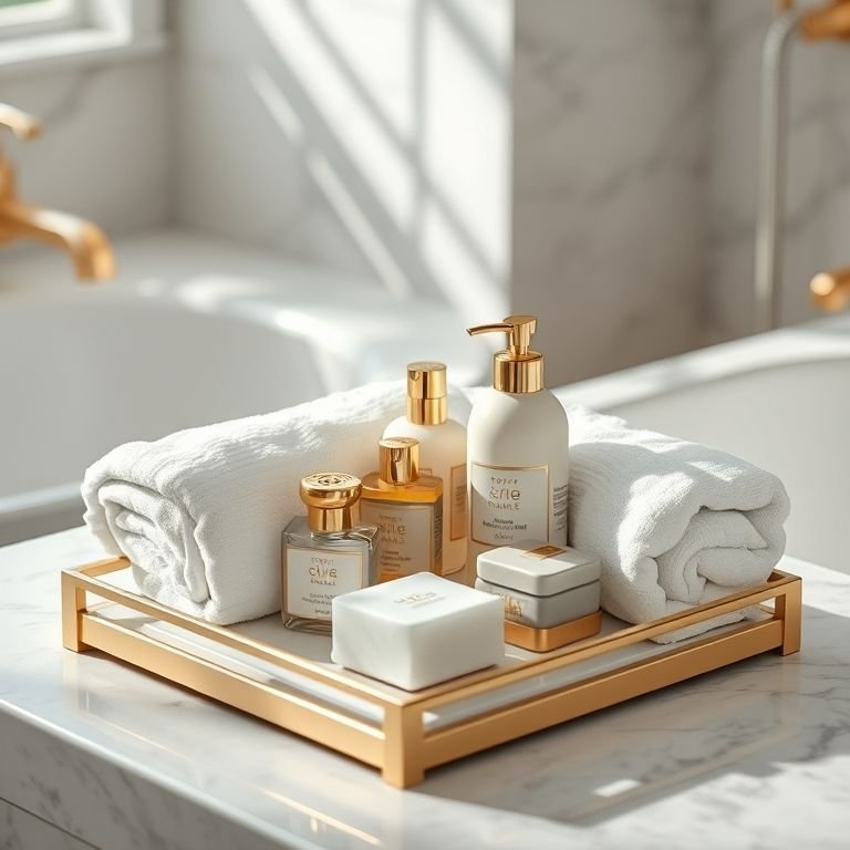 Arranjo de essenciais de banheiro em bandeja elegante sobre mármore.