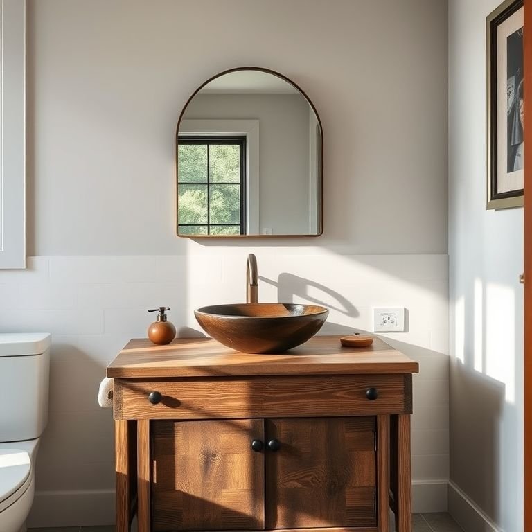 Bancada de madeira de demolição com pia de cuba em um banheiro rústico.