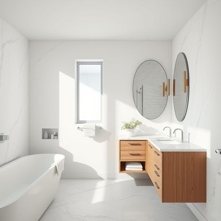 Bancada de mármore em um banheiro off white.