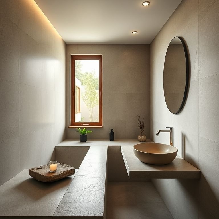 Bancada de pedra ou madeira em um banheiro com design natural.