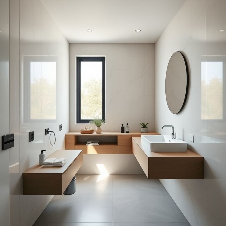 Bancada suspensa para ganhar espaço em banheiro pequeno.