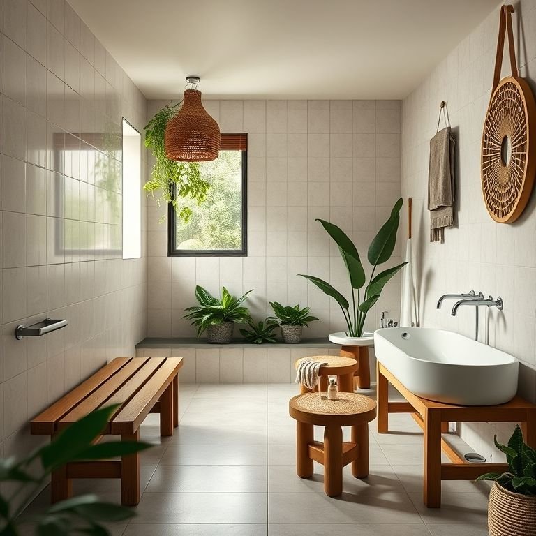 Bancos e banquetas funcionais em banheiro com plantas e cesto de palha.