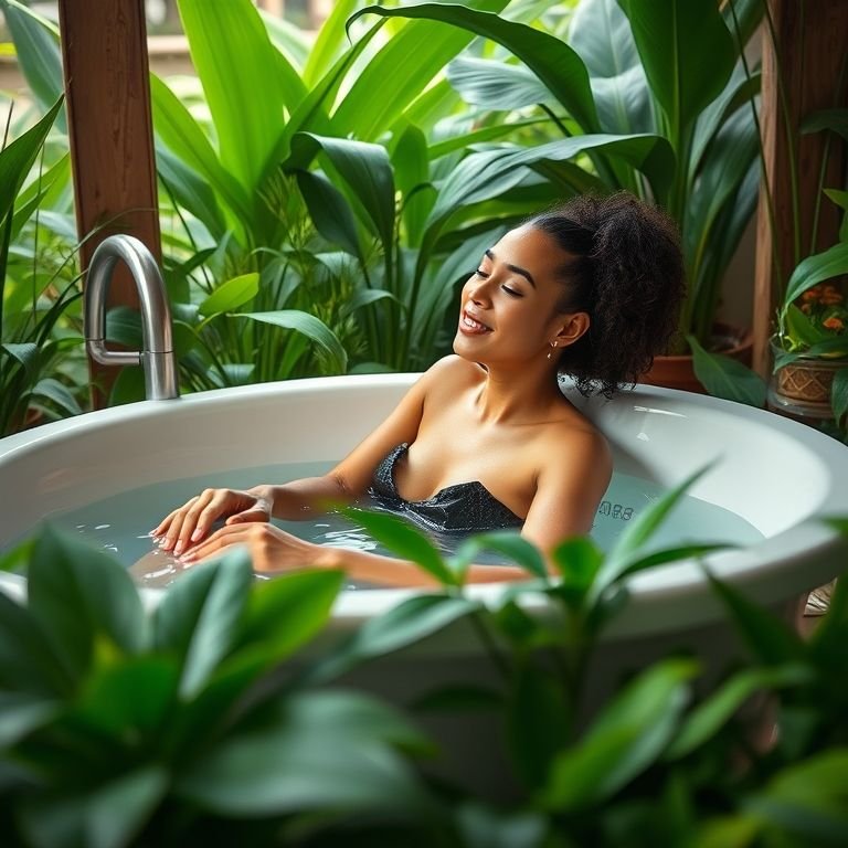 Banheira rodeada de plantas, criando atmosfera relaxante.