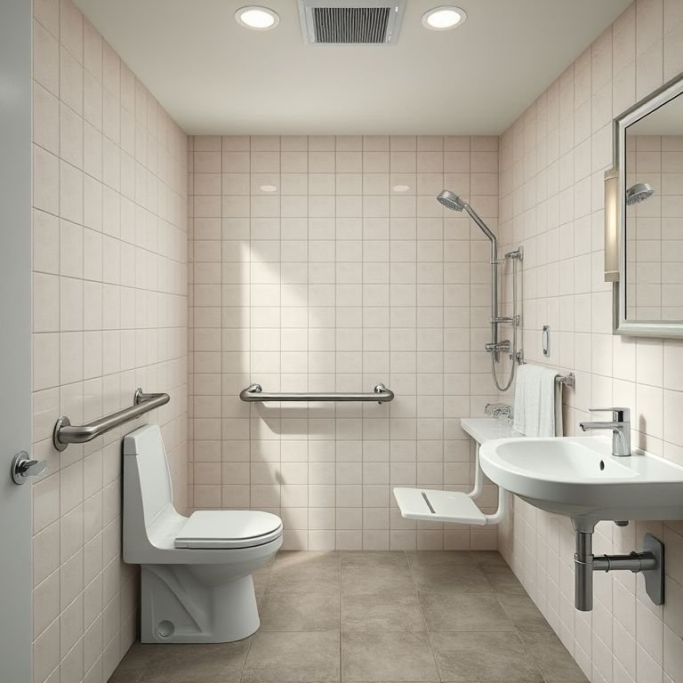 Banheiro acessível com barras de apoio, pia acessível e assento no chuveiro.