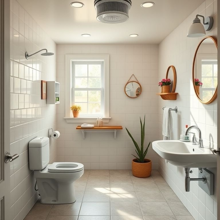 Banheiro acessível com design universal e decoração vibrante, estilo Farm Rio.