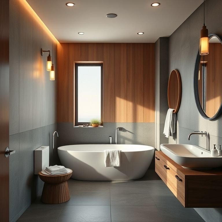 Banheiro aconchegante com iluminação estratégica.