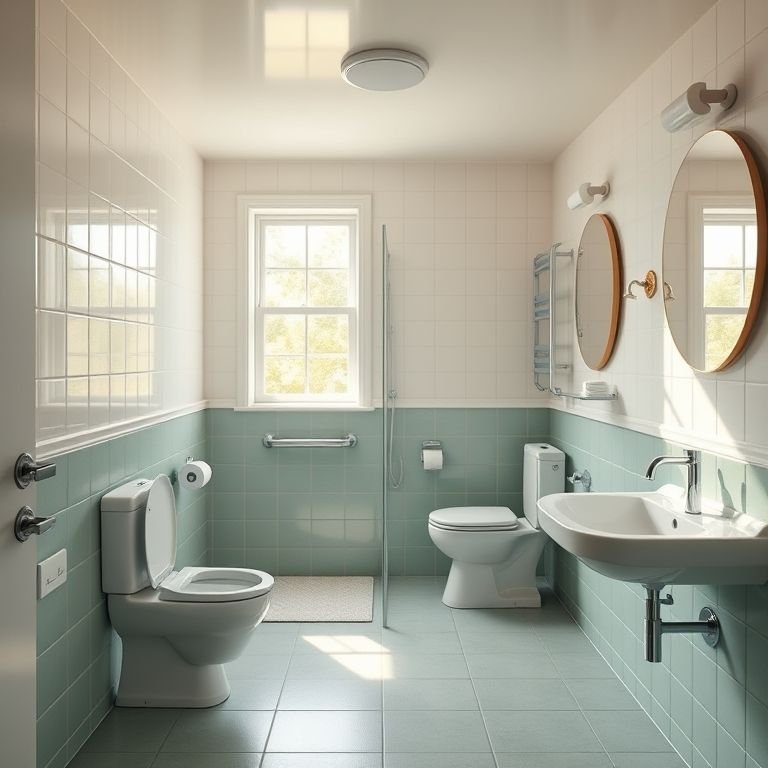 Banheiro adaptado e acessível com design inclusivo e iluminação natural.