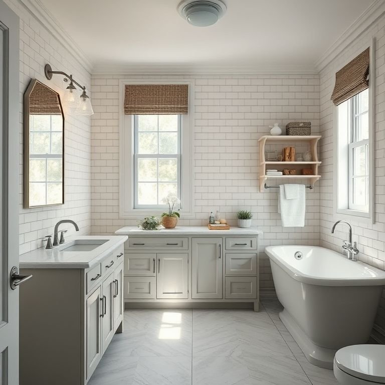 Banheiro americano com bancada espaçosa, azulejos clássicos e armários.