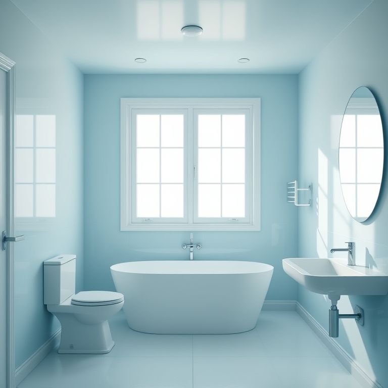 Banheiro azul claro que transmite amplitude e leveza.