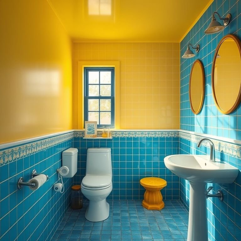 Banheiro azul com detalhes em amarelo em estilo Farm Rio.