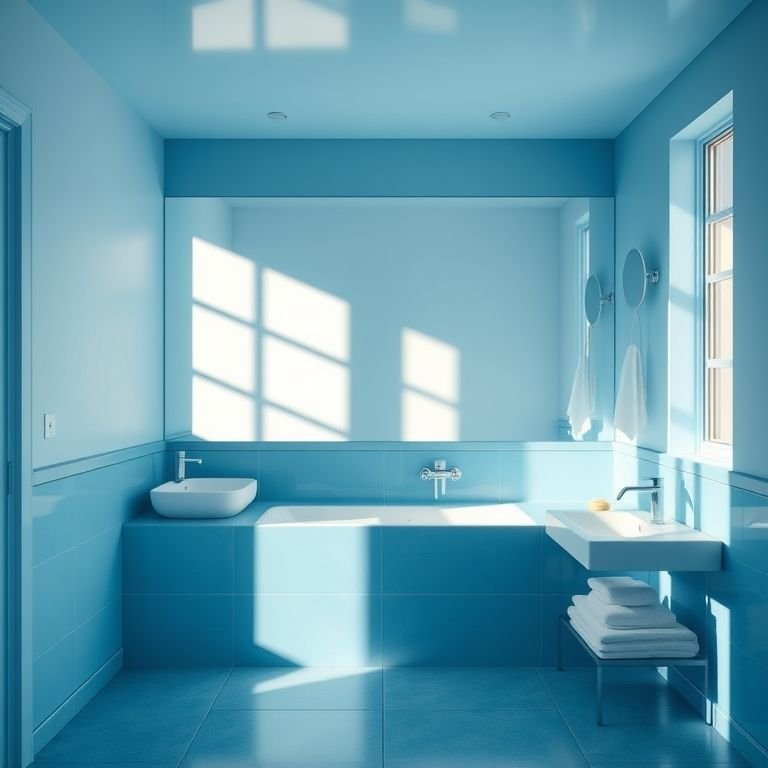 Banheiro azul com espelho grande para ampliar o espaço.