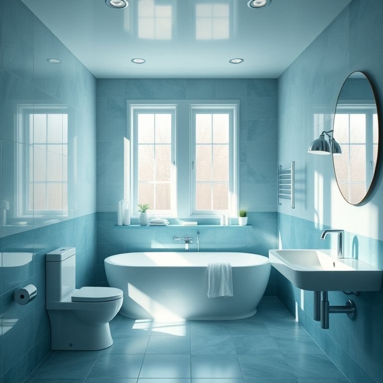 Banheiro azul com iluminação natural e toques de relaxamento.