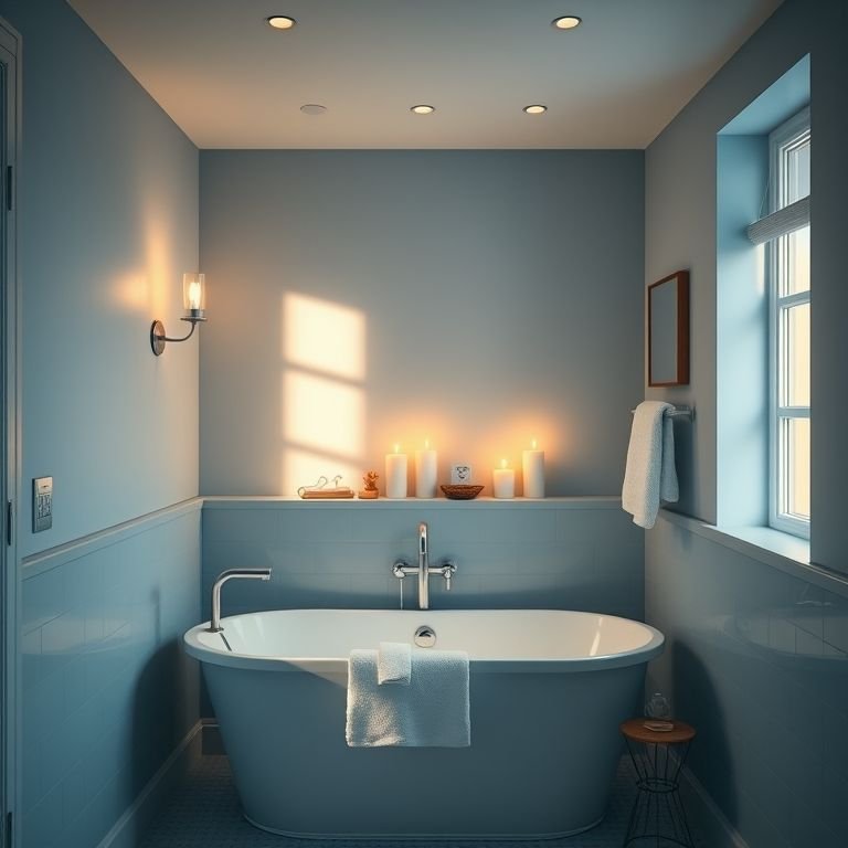 Banheiro azul com iluminação suave e acolhedora.