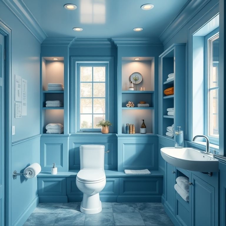 Banheiro azul com nichos e prateleiras organizadas.