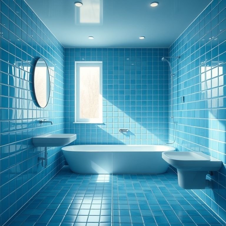 Banheiro azul com pisos e revestimentos combinando.