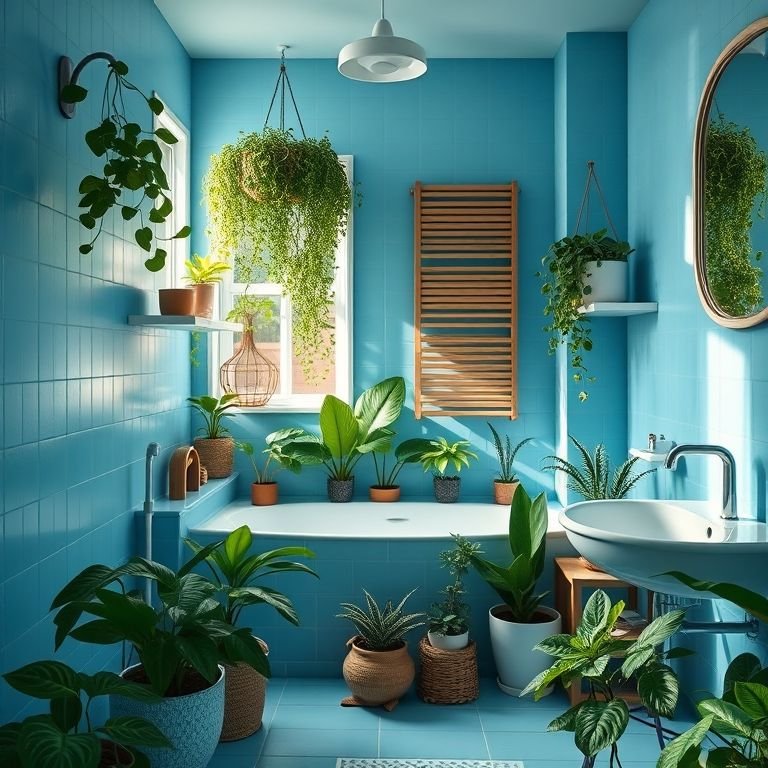 Banheiro azul com plantas para um ambiente relaxante.