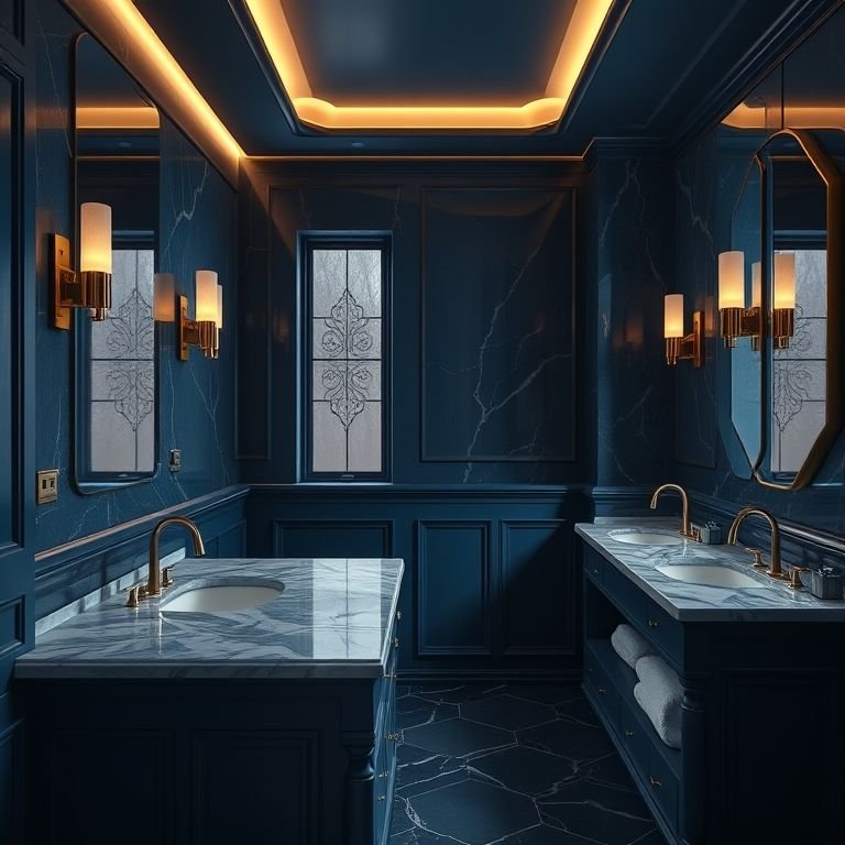 Banheiro azul escuro com detalhes em dourado para sofisticação.