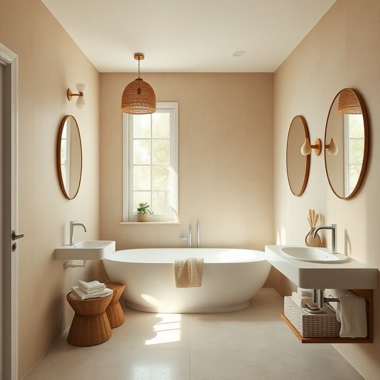 Banheiro bege Bahia elegantemente decorado com luz natural.