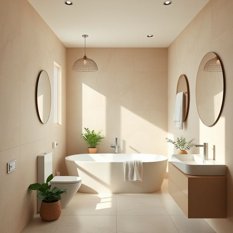 Banheiro bege com design minimalista e iluminação natural, destacando texturas e um toque de verde.