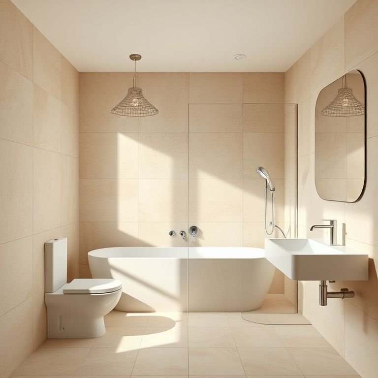 Banheiro bege com diferentes tons, desde o claro ao escuro, criando profundidade e sofisticação.