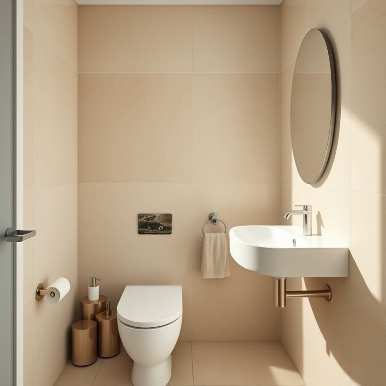 Banheiro bege com produtos da Linha Essencial da Deca: vaso sanitário, pia e torneira.