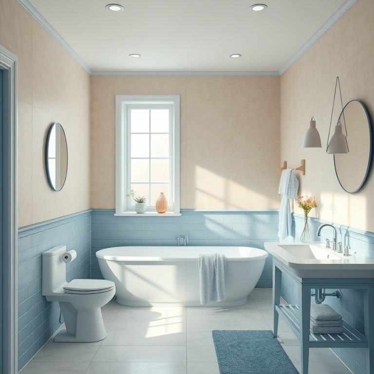 Banheiro bege e azul claro com detalhes em azul e atmosfera tranquila.