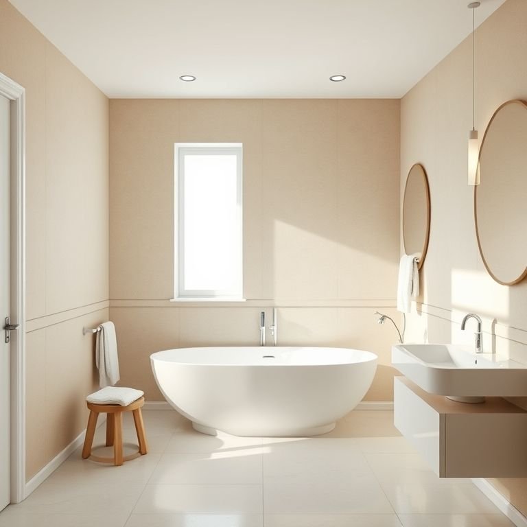 Banheiro bege e branco com linhas limpas, banheira branca e paredes bege.