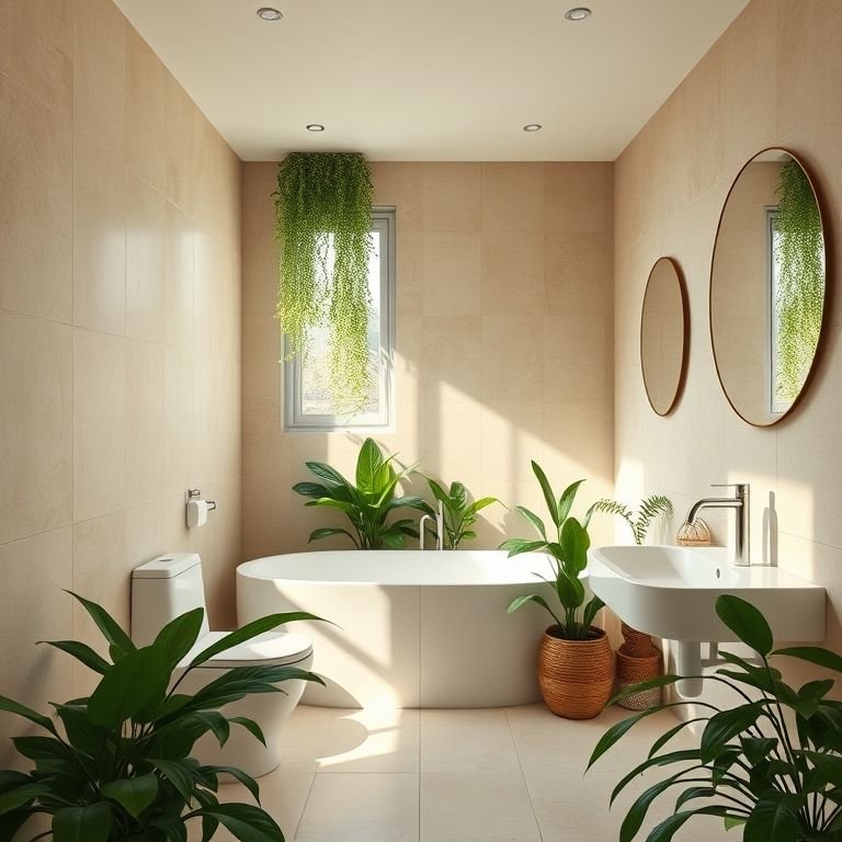 Banheiro bege e verde com plantas e design harmonioso.