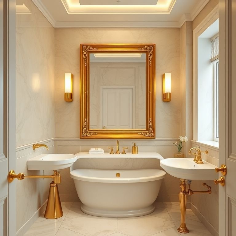 Banheiro bege luxuoso com acessórios dourados, espelho com moldura dourada e iluminação elegante.