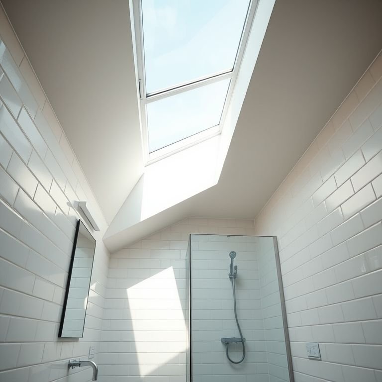 Banheiro bem iluminado sob a escada com claraboia e iluminação LED.