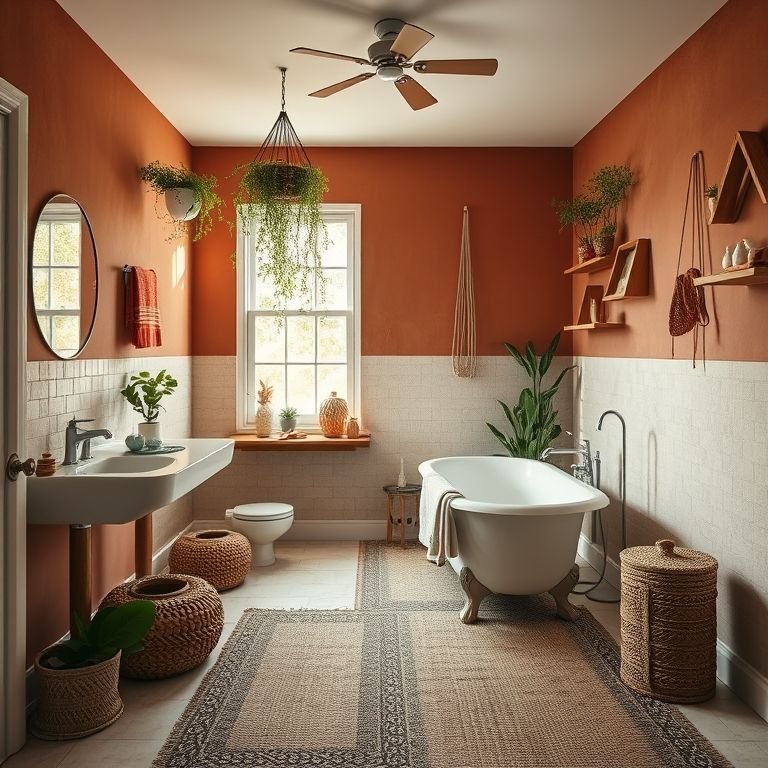Banheiro boho com paredes em tons terrosos, tapete de palha e plantas suspensas.