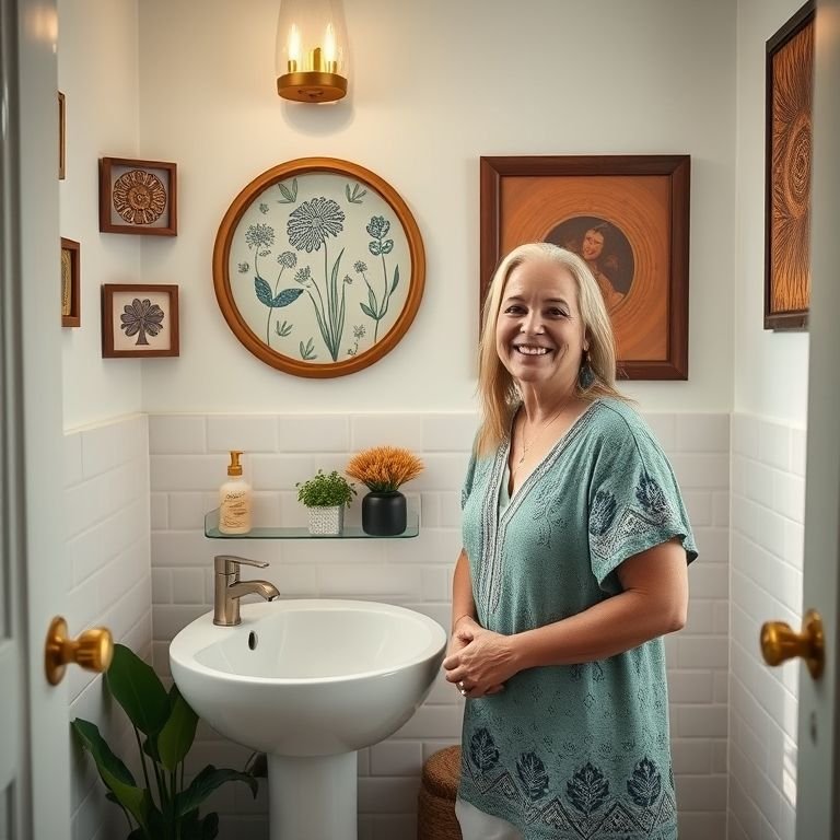 Banheiro boho personalizado, refletindo a essência do proprietário com arte significativa e cores favoritas.