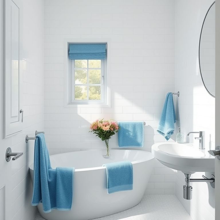 Banheiro branco com detalhes em azul para um toque de cor.